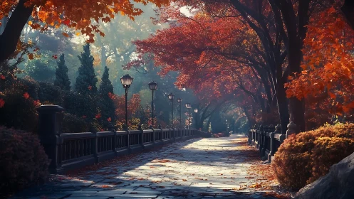 Autumn tree tunnel over stone path with vintage lamps.