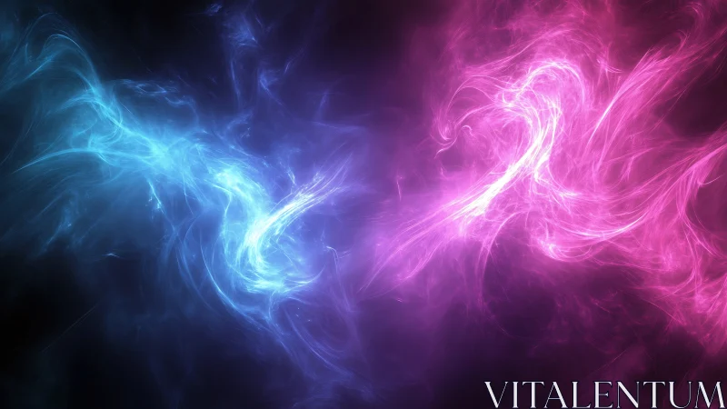 Blue and pink energy streams collide on dark background.