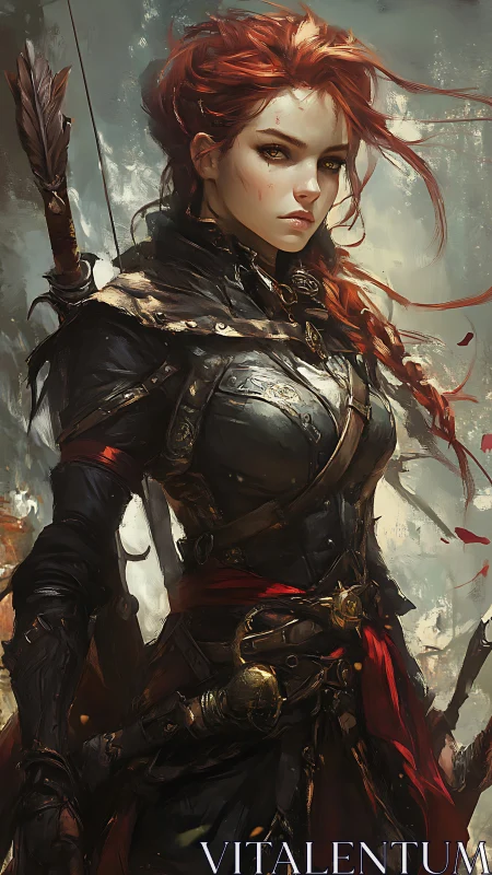 Red-haired armored ranger stands in stormlit battlefield.