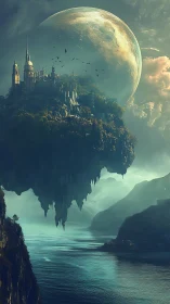 Floating citadel above misty fjord under colossal moon.