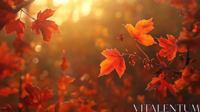Glowing autumn maple leaves bask gently in golden sunset light
