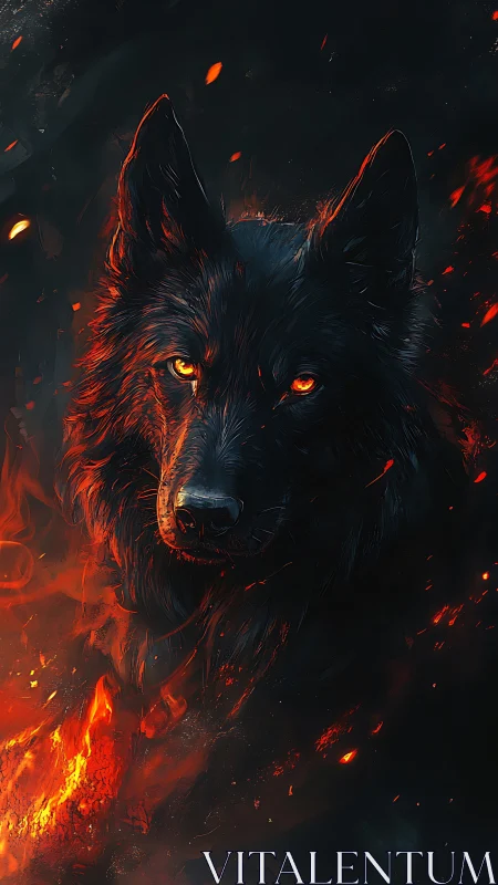 Black wolf emerges through blazing embers and shadowed smoke.