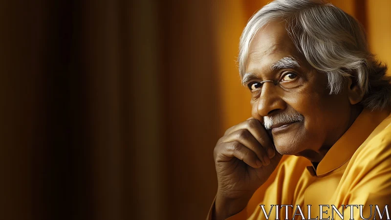 Elderly man in golden light with thoughtful side gaze portrait.
