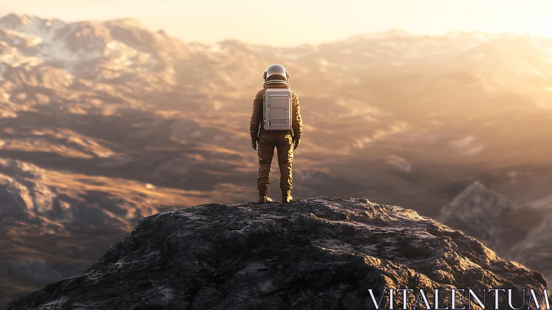 Solitary astronaut surveys sunlit alien mountain expanse