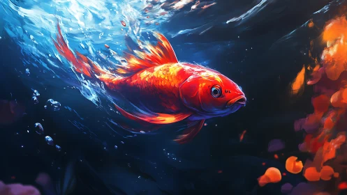 Digital painting study of a luminous koi in dynamic waterflow.