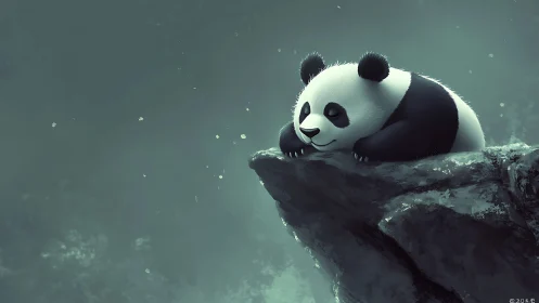 Digital painting of resting panda on misty cliff edge.