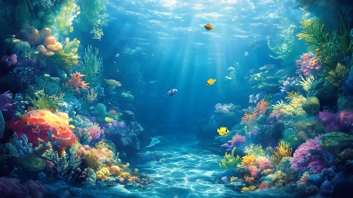 Underwater coral reef environment is illuminated by sunlight