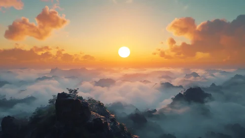 Sunrise over misty mountain peaks above dense clouds.