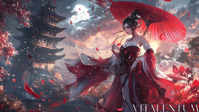 Dynamic hanfu-clad figure under parasol contrasts pagoda skyline