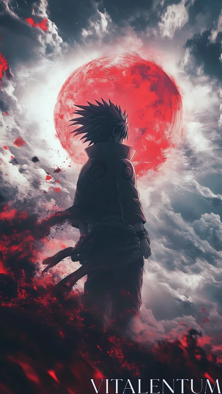Crimson moon crowns the lone warrior above burning clouds