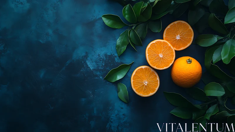 Sunlit orange slices glowing against deep blue foliage.
