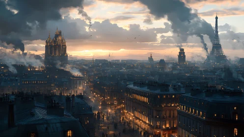 Golden twilight over a smoky, storybook Paris skyline.