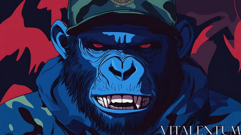 Blue camo gorilla portrait in cap with intense red eyes.
