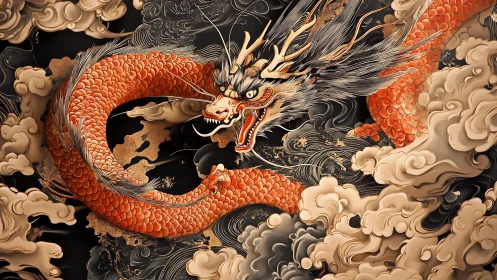 Crimson scaled dragon coils through storm-swept golden clouds.