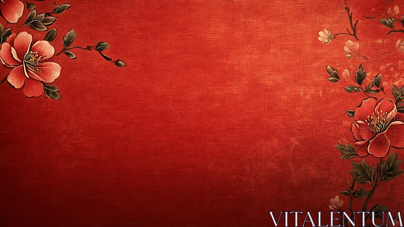 Red Silk Background with Coral Blossoms.