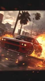 Red muscle car drifting through fire on a city street.
