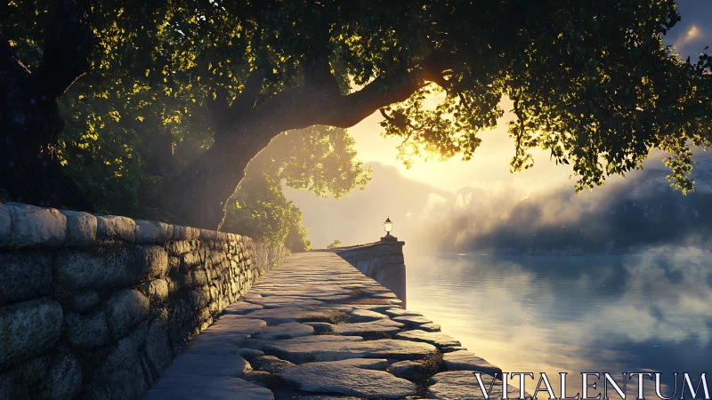 Stone lakeside path curves under sunlit tree canopy