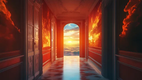 Celestial Corridor: Ornate Hallway Opens to Apocalyptic Sky