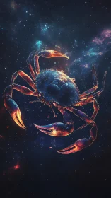 Cosmic crab illustration against deep star field backdrop.