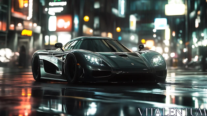 Hypercar rendered on neon‑lit wet street in cinematic low angle