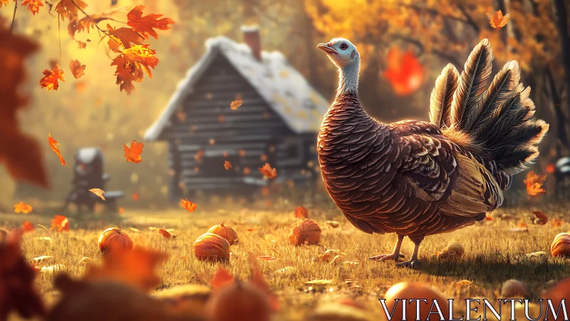 Turkey stands in autumn field before rustic cabin at sunrise