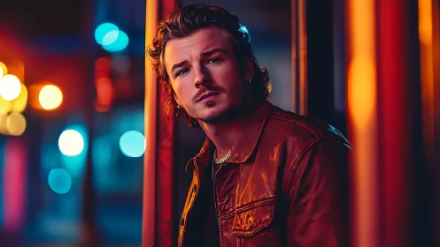 Cinematic neon portrait of man in leather under bokeh lights.