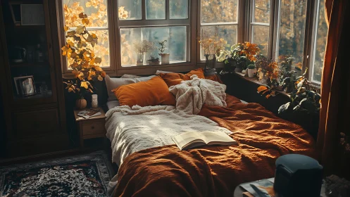 Autumn-lit bedroom nook with textiles and botanical window dressing