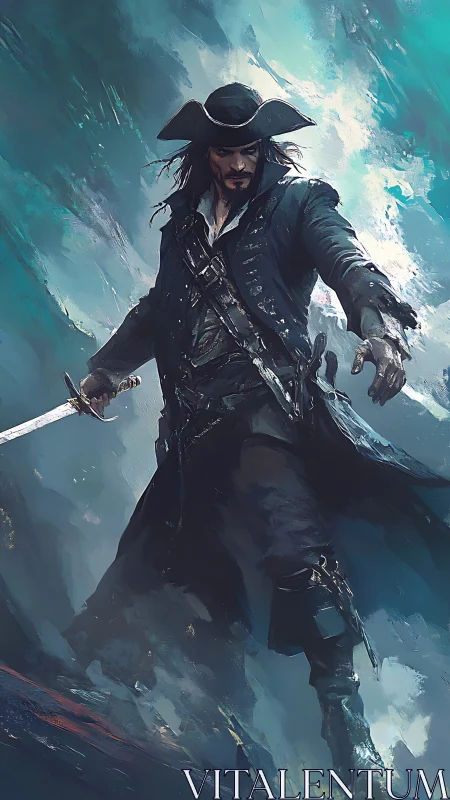 Dark-clad pirate captain brandishes sword in storm surge