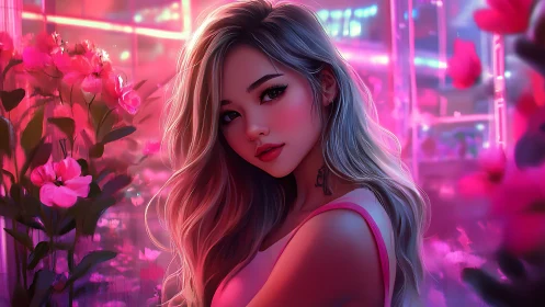 Neon lit girl portrait in pink flower filled city garden.