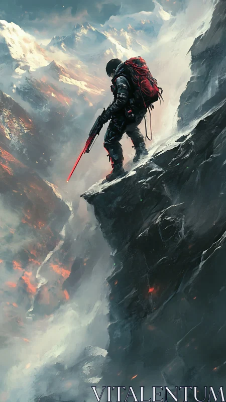 Futuristic soldier stands on icy cliff with glowing rifle.