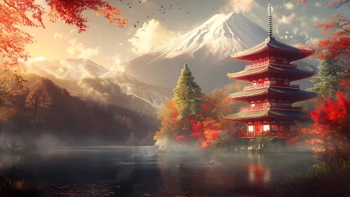 Red pagoda beside misty lake under snow covered mountain