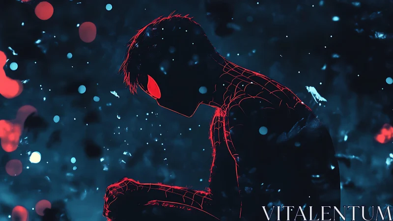 Silhouetted web-suited figure in profile amid bokeh field.