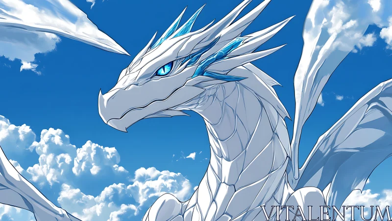 White dragon with blue eyes against bright sky clouds.