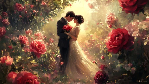 Romantic couple in rose garden with ethereal lighting