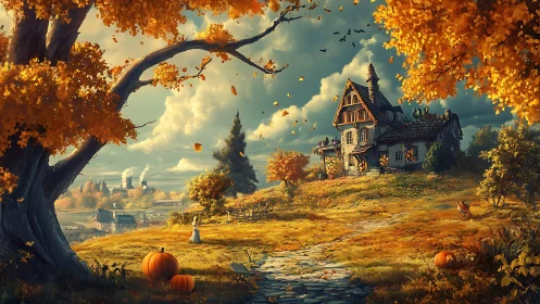 Golden autumn cottage under storm-lit countryside sky.