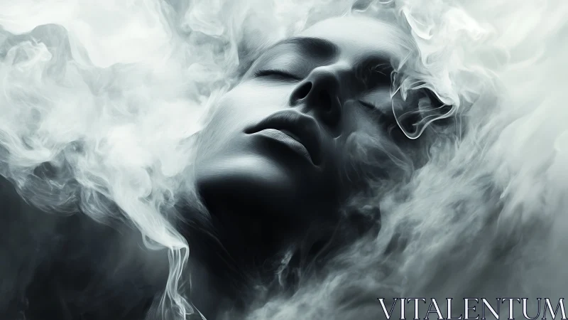 Veiled dreamer rising through swirling silver smoke halo.