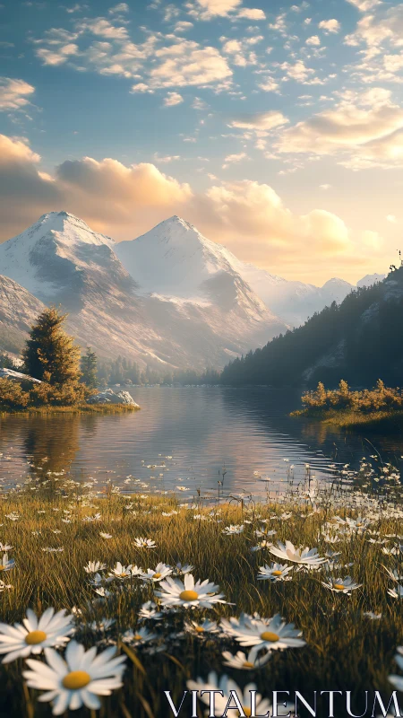 Snowy mountain lake with daisies in warm evening light.