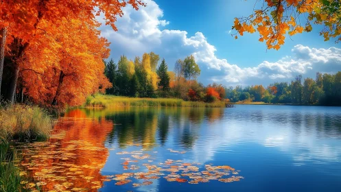 Autumn shoreline with deciduous trees reflected on lake surface.