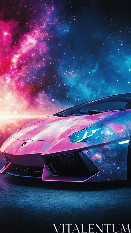 Neon galaxy supercar glows beneath a vivid cosmic sky.