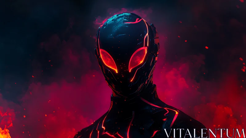 Neon dusk sentinel rises from ember-lit cosmic twilight.