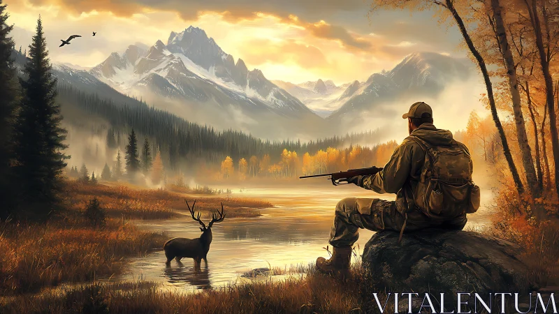 Autumn hunter observes stag across reflective alpine river at dawn