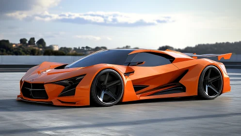 Aerodynamic orange hypercar with aggressive polygonal bodywork.