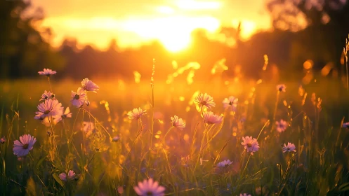 Backlit wildflower meadow under low evening sunlight.