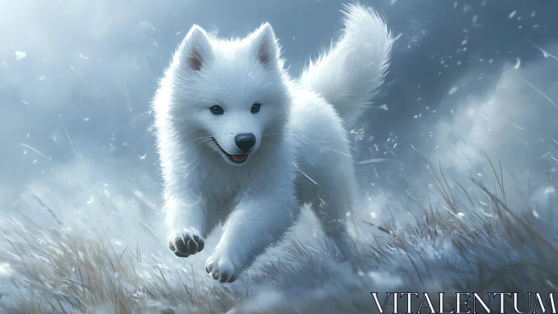 Playful white puppy sprinting through frosty winter field.