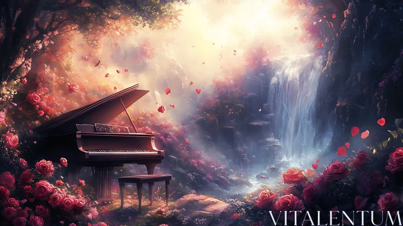 Enchanted piano serenades a rose-lit waterfall dreamscape.