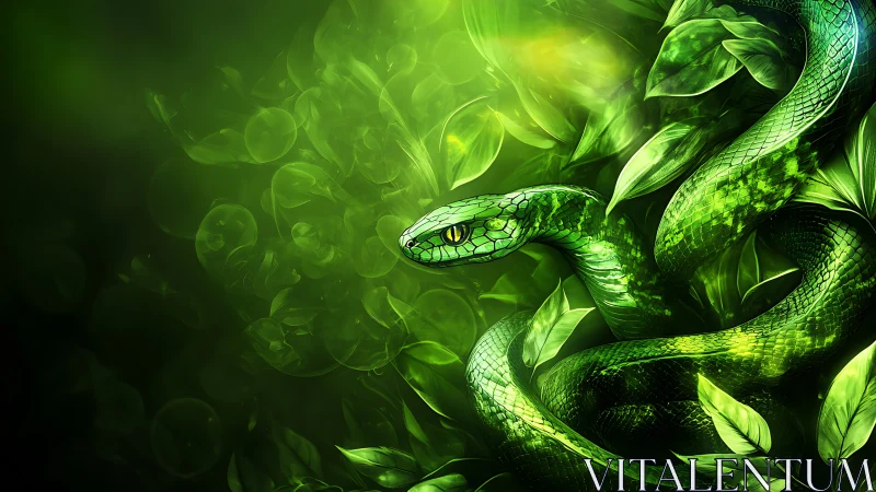 Emerald serpent rendered with high-contrast foliage and luminous bokeh