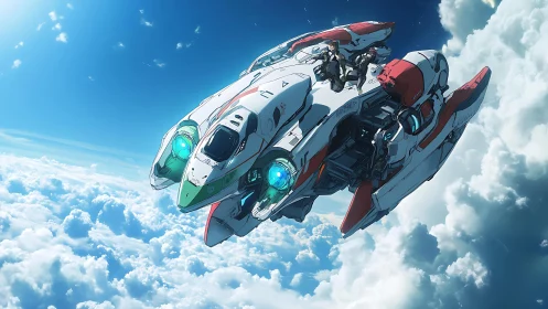 Sleek white starfighter cuts through high-altitude cloud sea