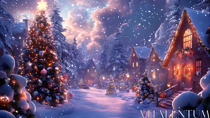 Snowy village street with lit Christmas trees at dusk.