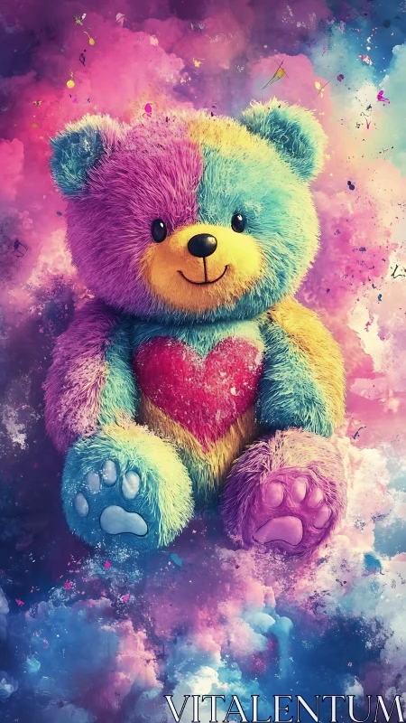 Rainbow plush teddy bear with glowing cosmic heart.