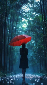 Crimson umbrella carves quiet shelter in silver-blue rain